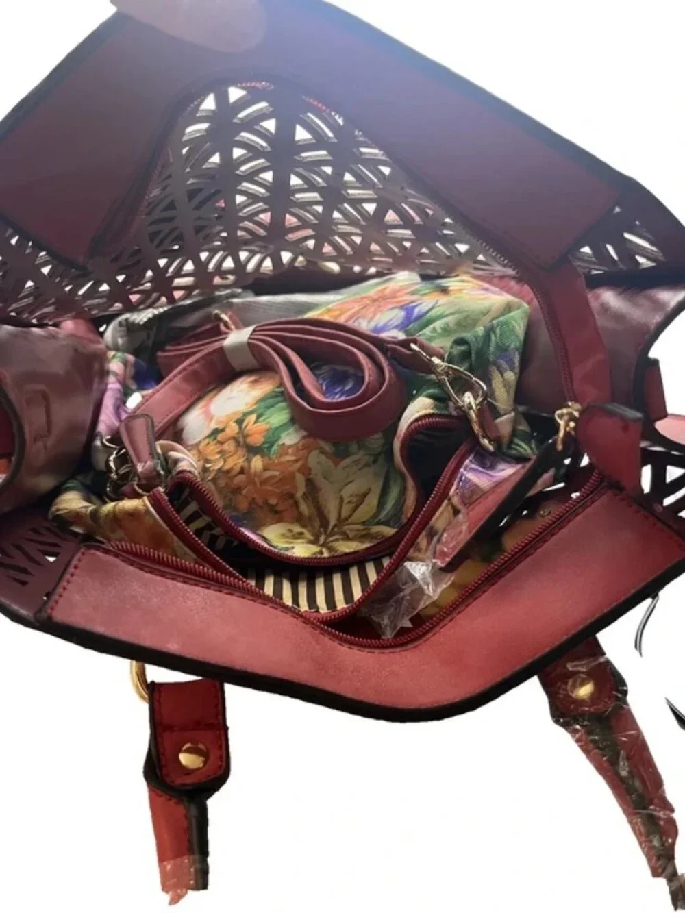 Rimen & Co Red Laser Cut Tote Handbag Multicolor Lining Gold Hardware NWT